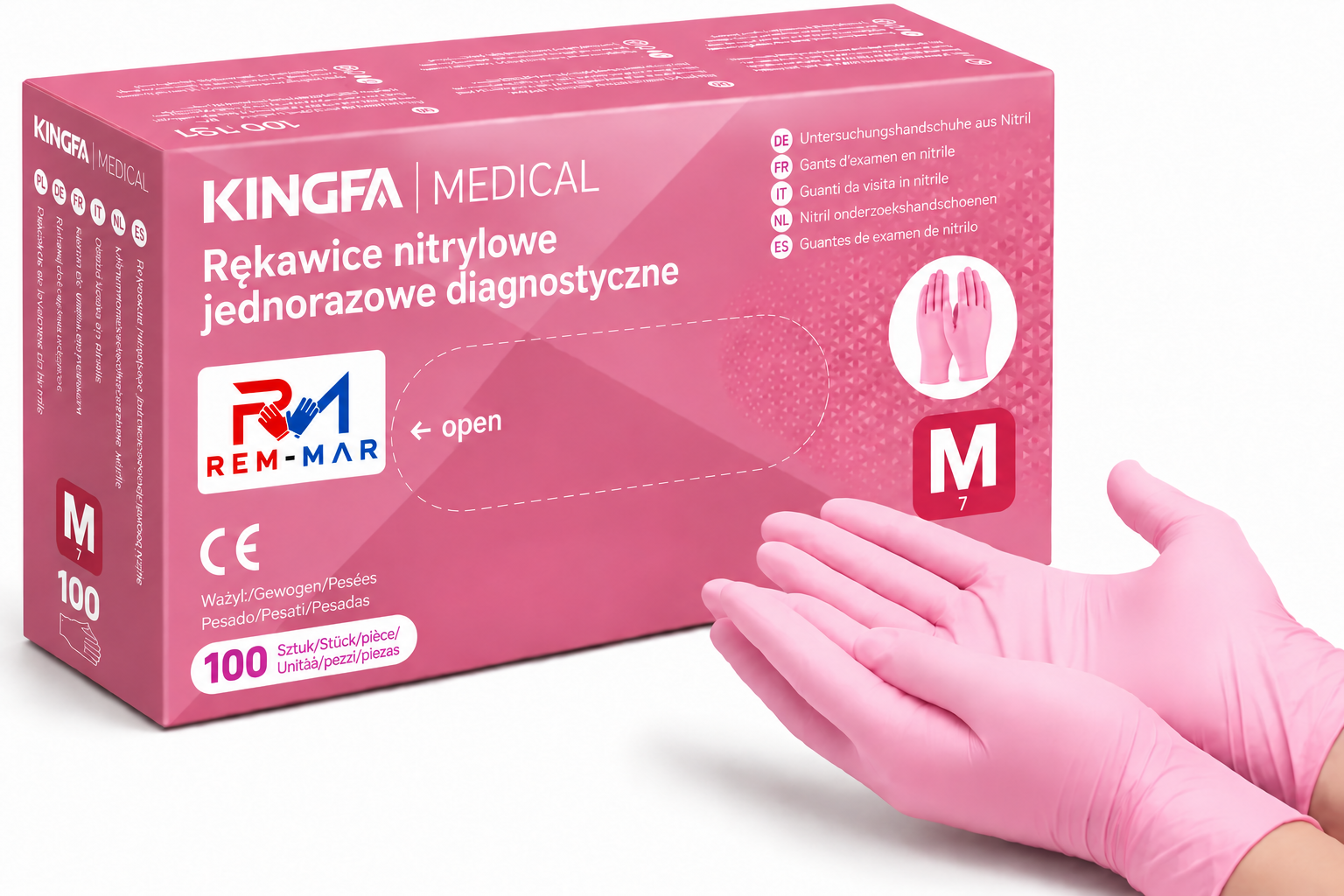 Różowe rękawice nitrylowe KINGFA z opakowaniem